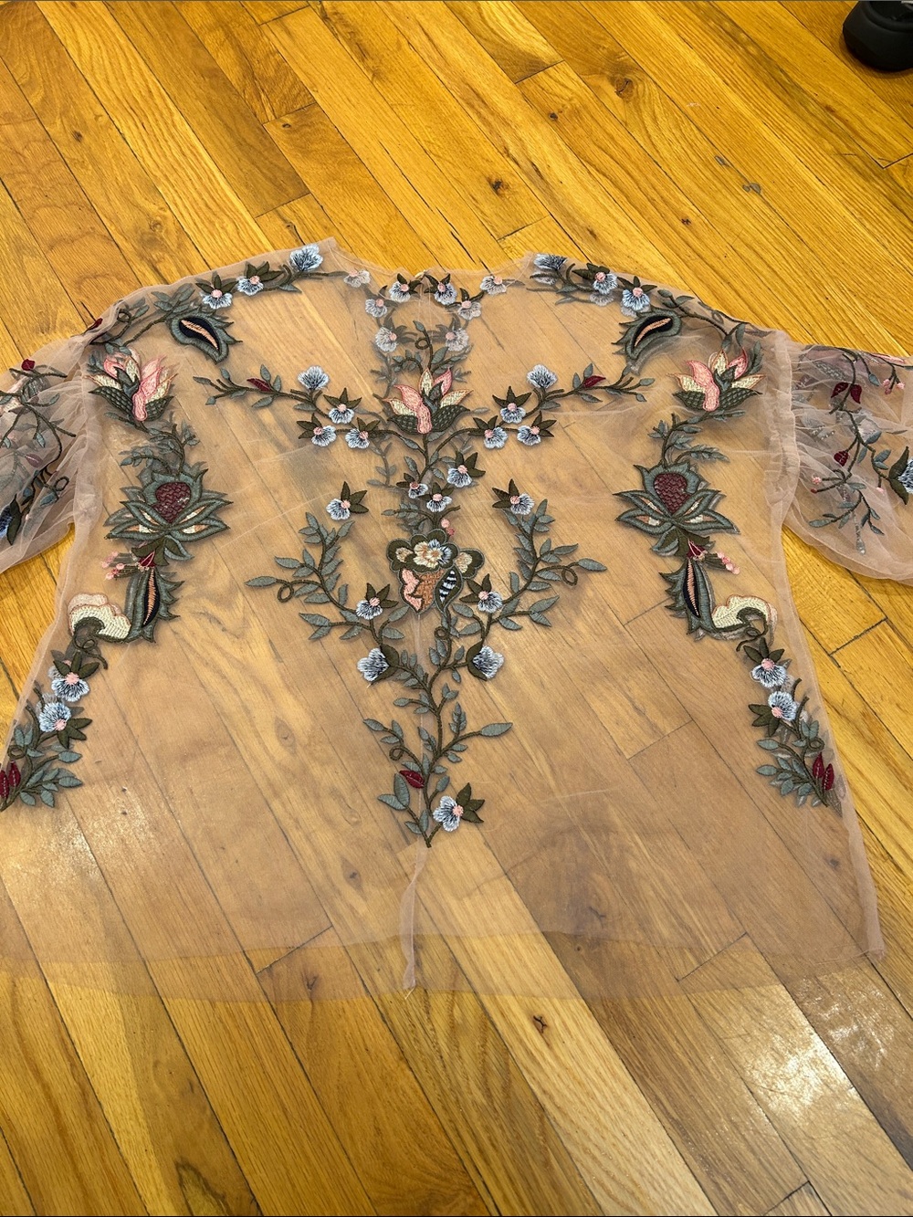 Zara Sheer Embroidered Floral Blouse - Blush with Multicolor Accents